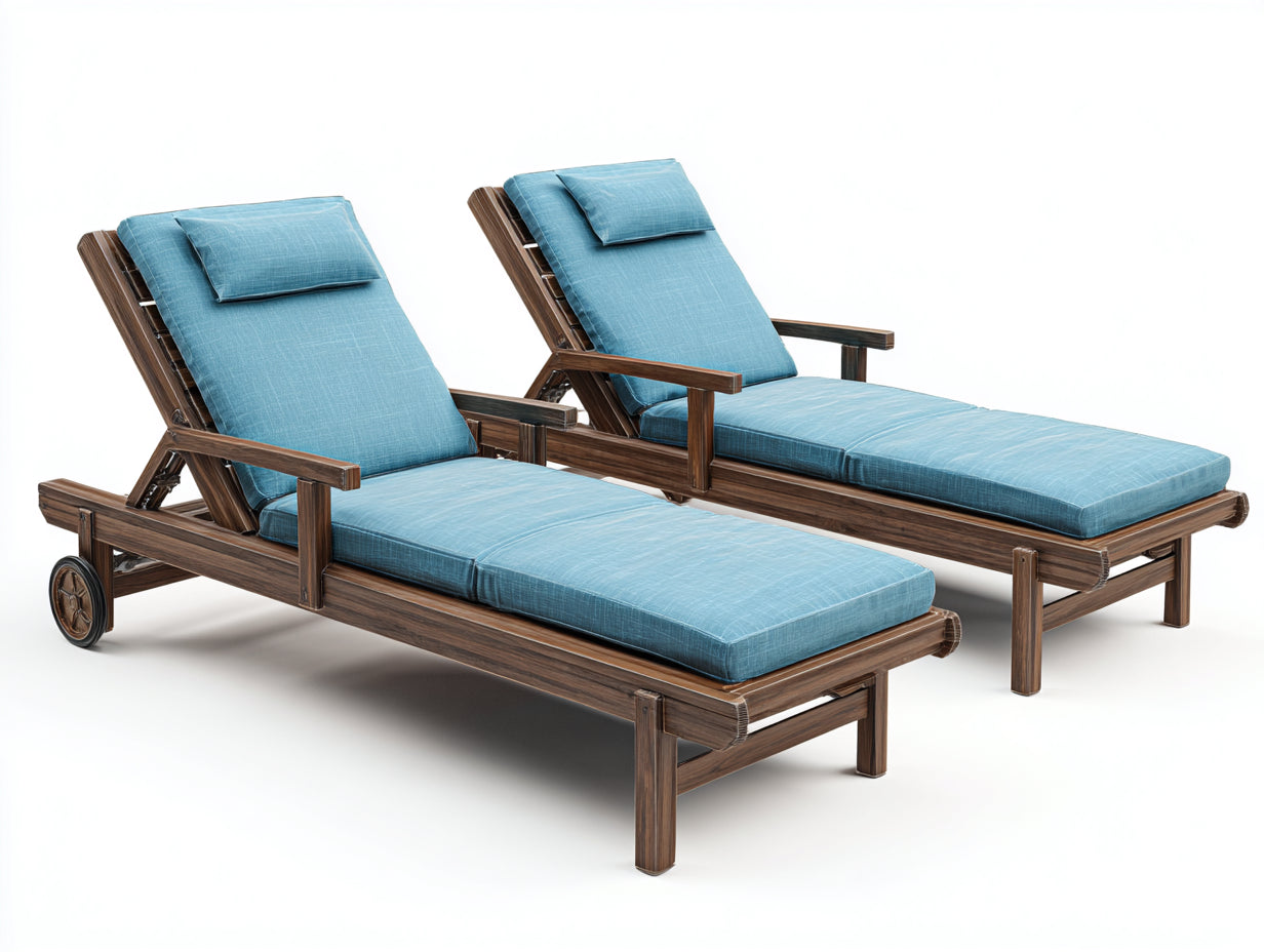 Tumbonas de jardín de madera 200x70x85 cm - azul y madera oscura - conjunto de 2 con ruedas