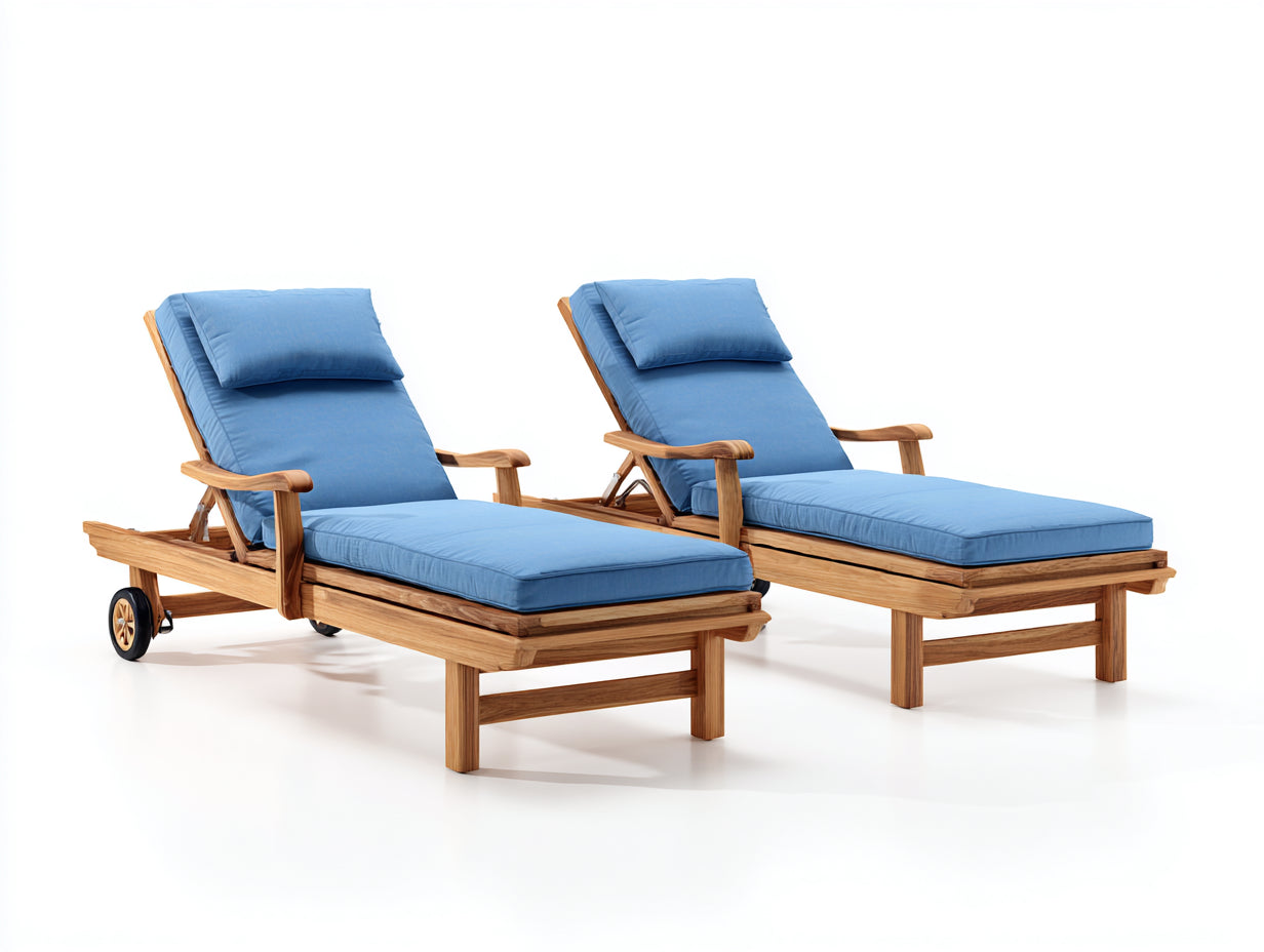 Juego de 2 Tumbonas de madera maciza 200x75x95 cm - azul y natural - respaldo reclinable con ruedas