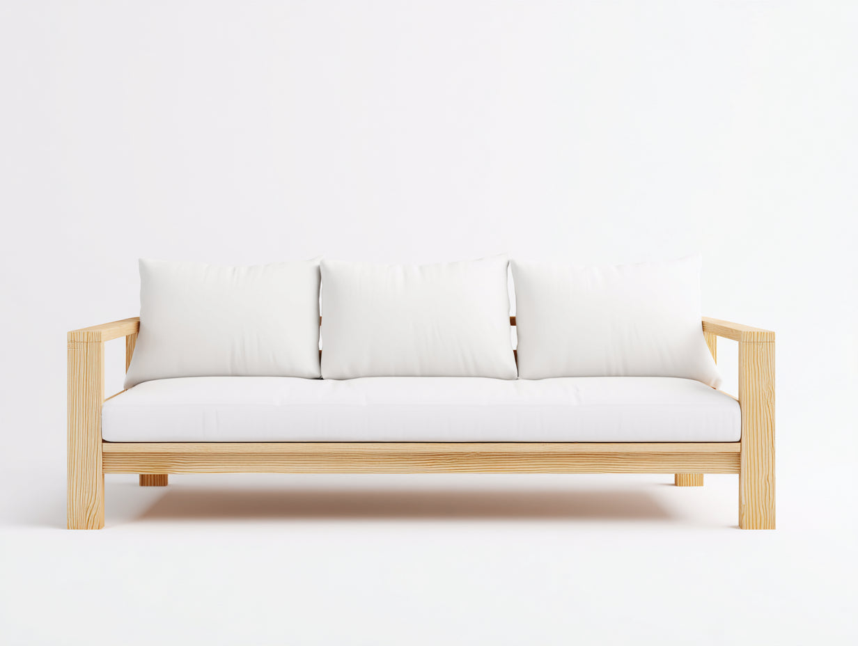 Sofás 3 plazas - estructura de madera y tapizado en tela 215 x 84 x 86 cm - blanco y madera natural - para salón - diseño minimalista con apoyabrazos abiertos