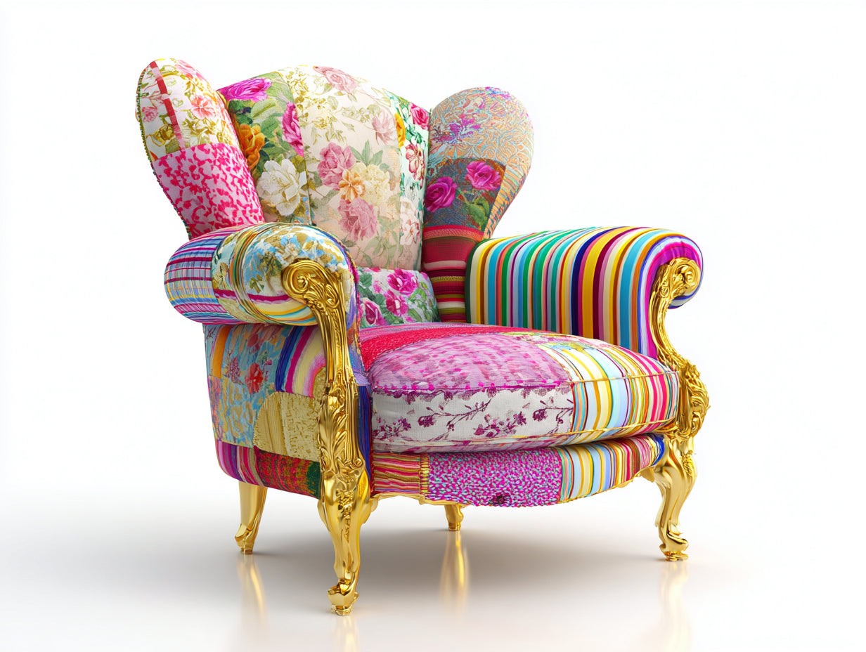 Sillones de salón tapizados en tela 95x85x95 cm - multicolor y dorado - diseño barroco con brazos enrollados