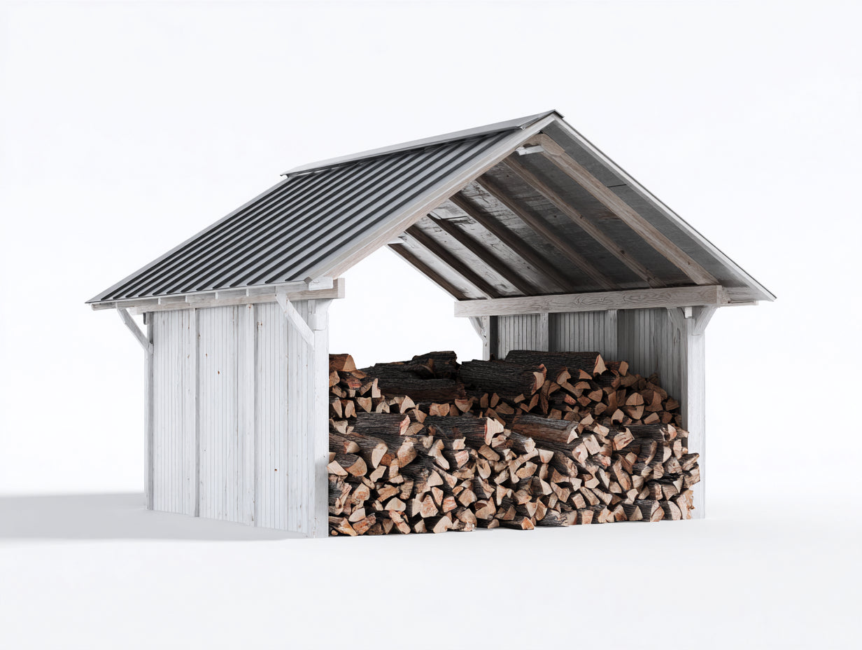 Leñero de jardín - madera y cubierta metálica 240 x 135 x 205 cm - blanco envejecido y gris antracita - para exterior - diseño abierto con tejado a dos aguas