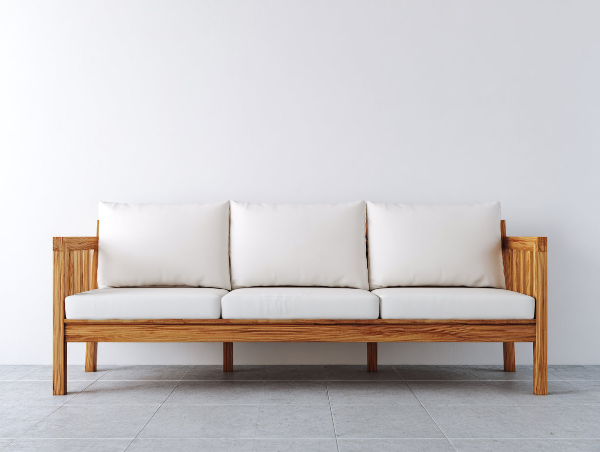 Sofás 3 plazas de madera y tela tapizada 202 x 78 x 84 cm - Blanco y marrón natural - Diseño rústico con estructura elevada