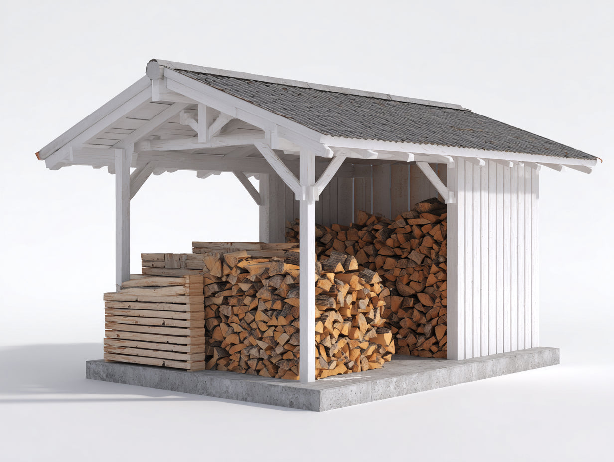 Leñero de jardín de madera 340x160x220 cm - blanco y gris - cobertizo abierto con techo a dos aguas