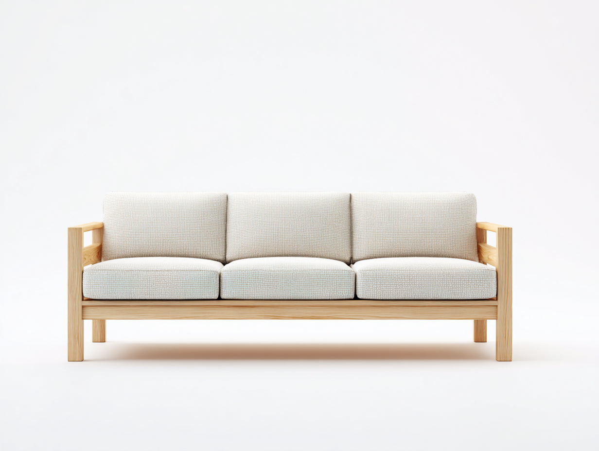 Sofás 3 plazas de salón en tela y madera 210x85x80 cm - beige y madera natural - diseño nórdico
