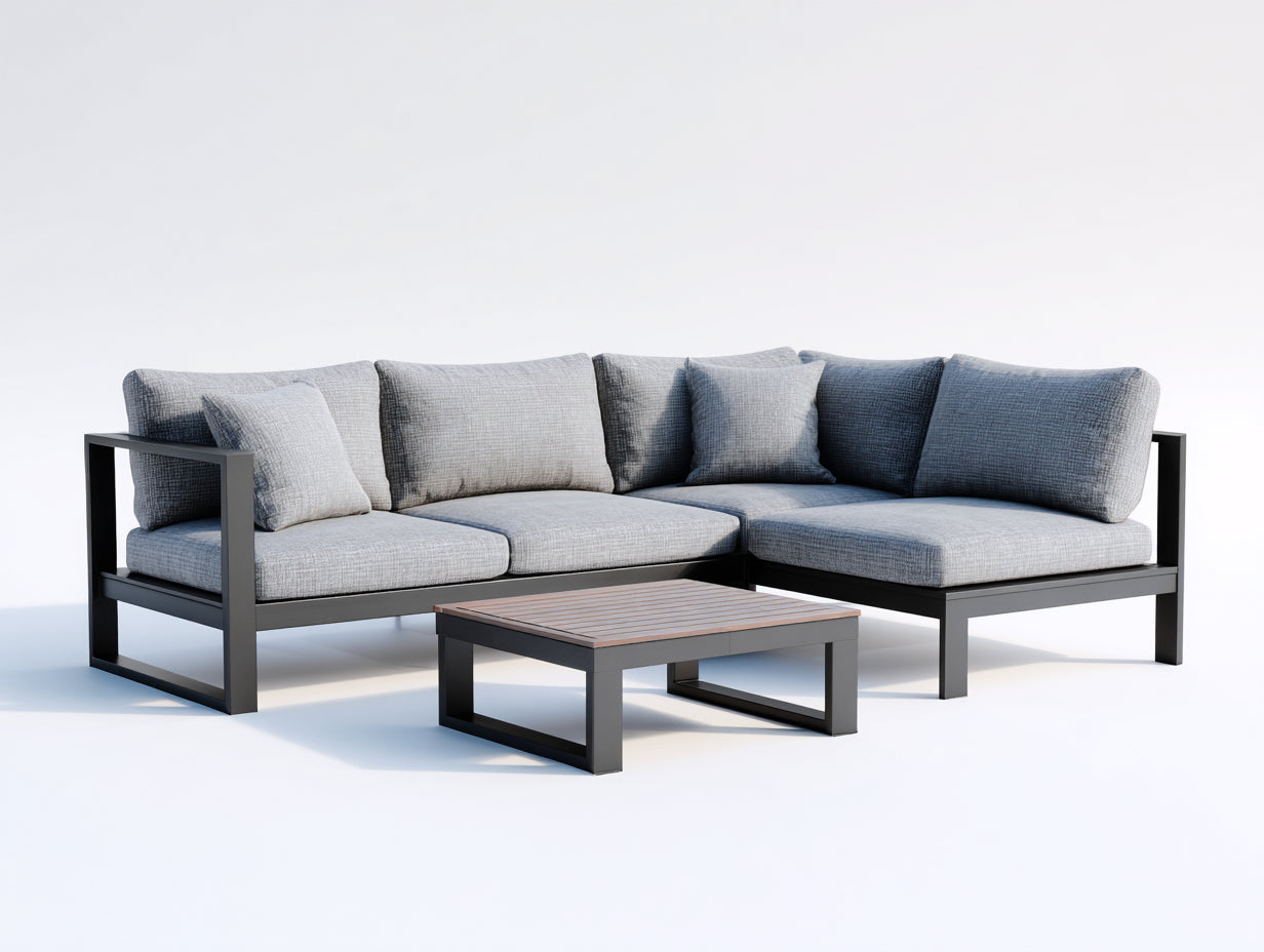 Sofás de exterior de 5 plazas en metal y tejido 250x250x75 cm - gris claro y negro - diseño modular con mesa