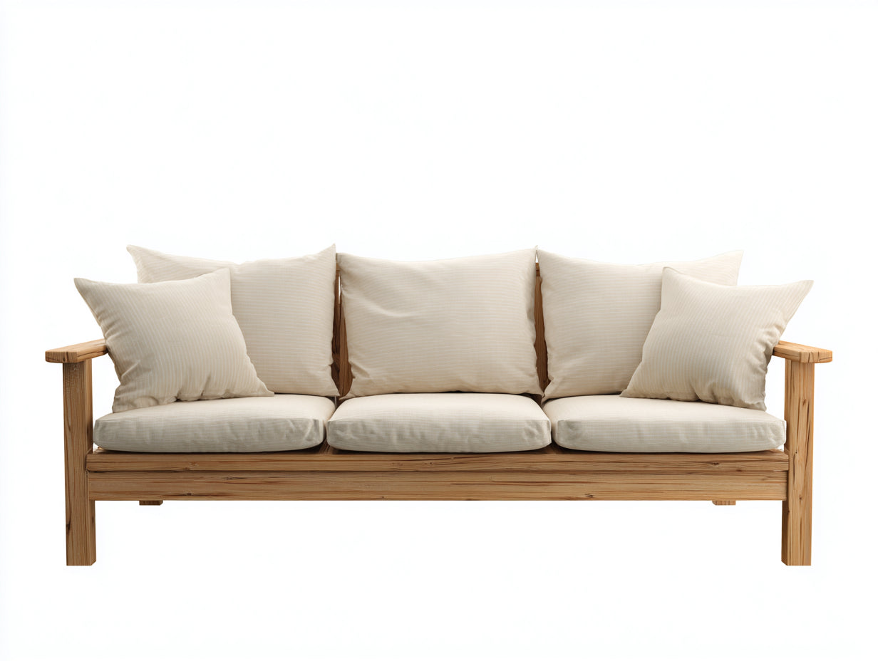 Sofás 3 plazas de madera y tela tapizada 210 x 85 x 88 cm - Beige y madera natural - Diseño rústico con estructura elevada