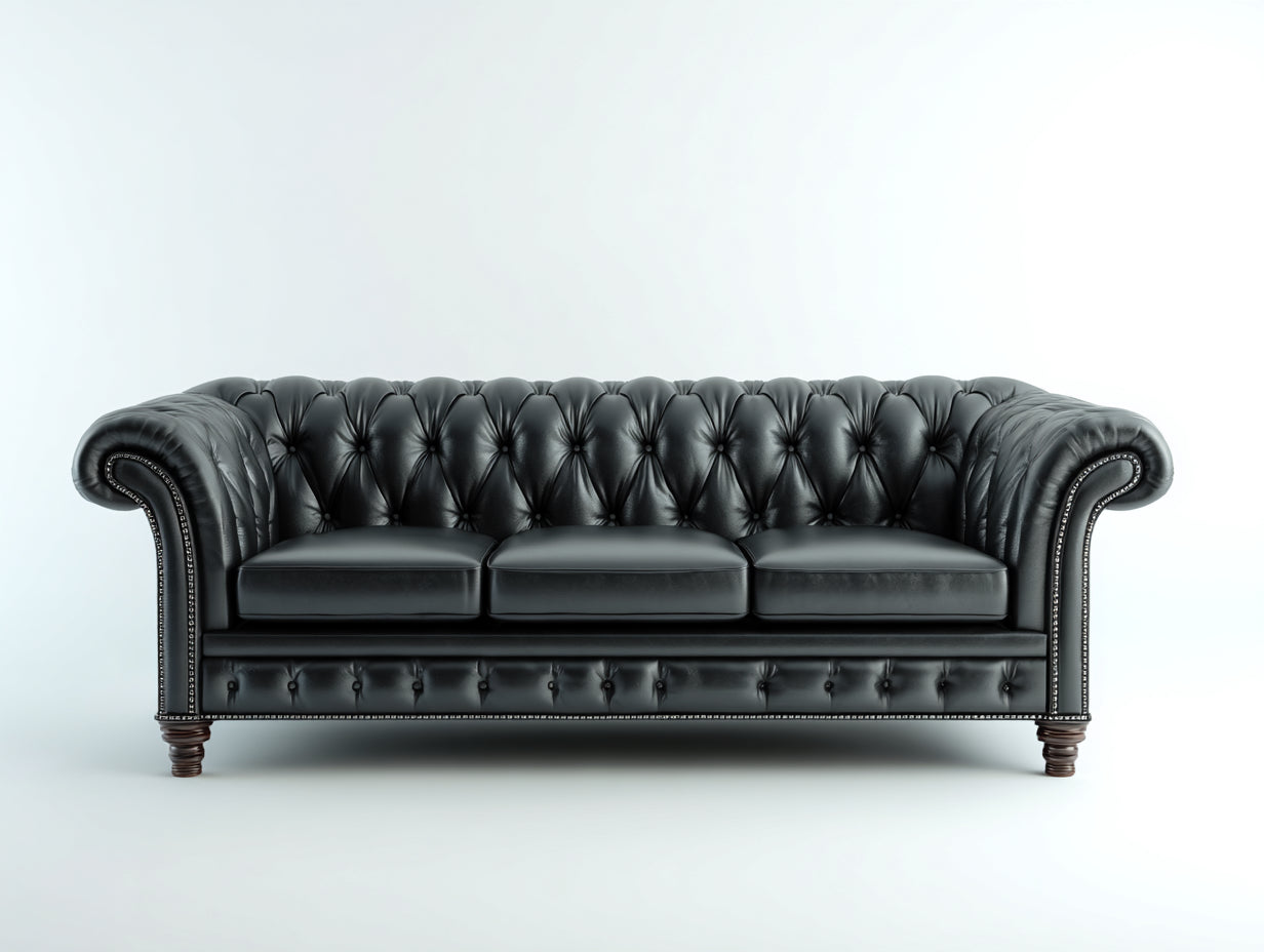 Sofás 3 plazas tapizados en cuero sintético 230x95x78 cm - negro - estilo Chesterfield con tachuelas