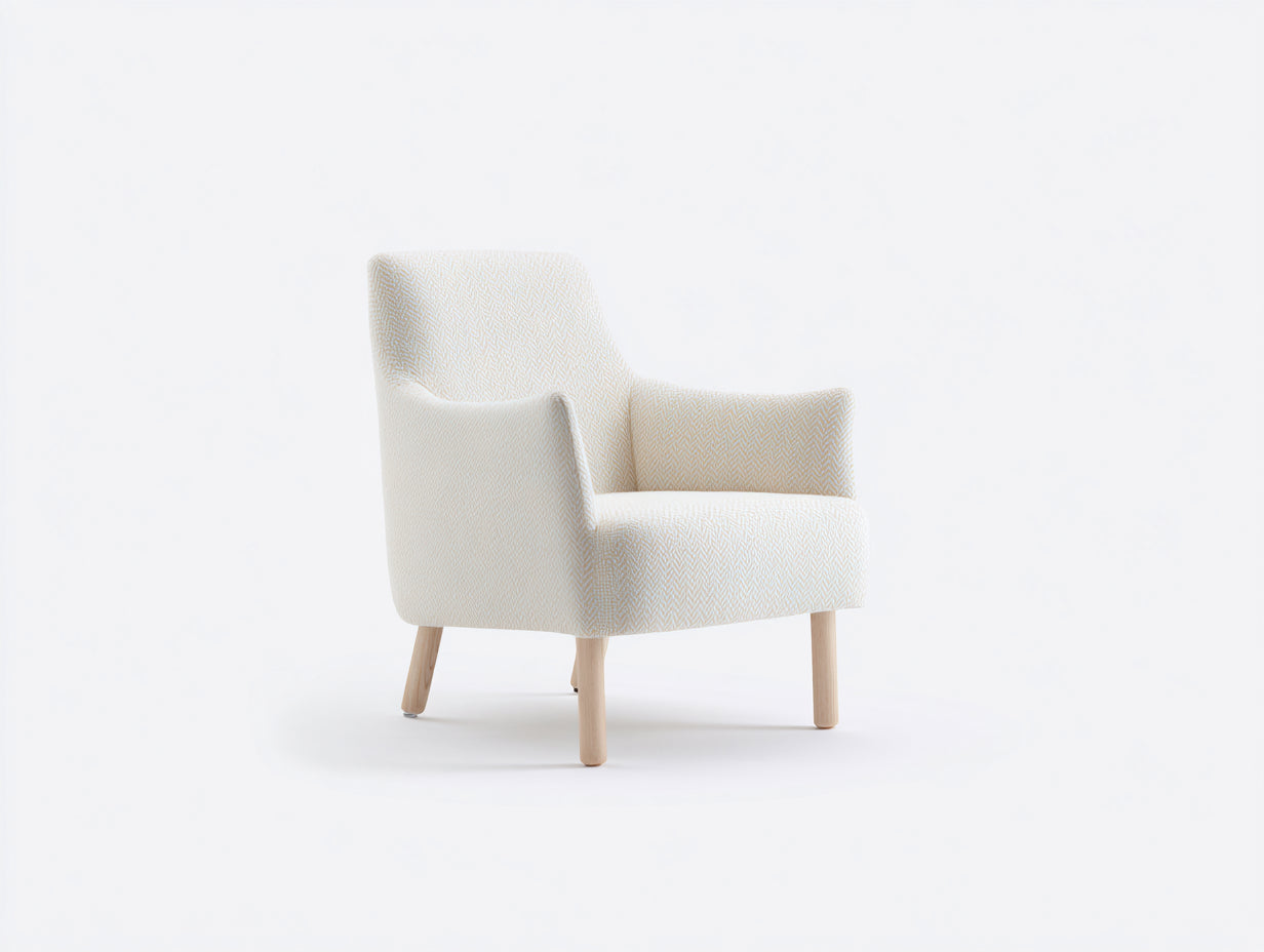 Sillones de tela con patrón de espiga y patas de madera 74 x 76 x 82 cm - Crema y madera natural - Diseño nórdico de respaldo envolvente