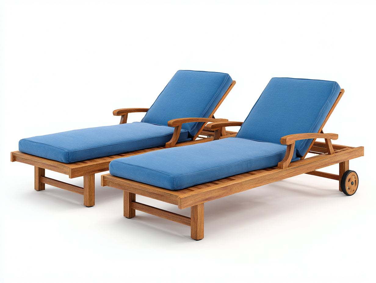 Juego de 2 Tumbonas de madera maciza 200x75x95 cm - azul y natural - respaldo reclinable con ruedas
