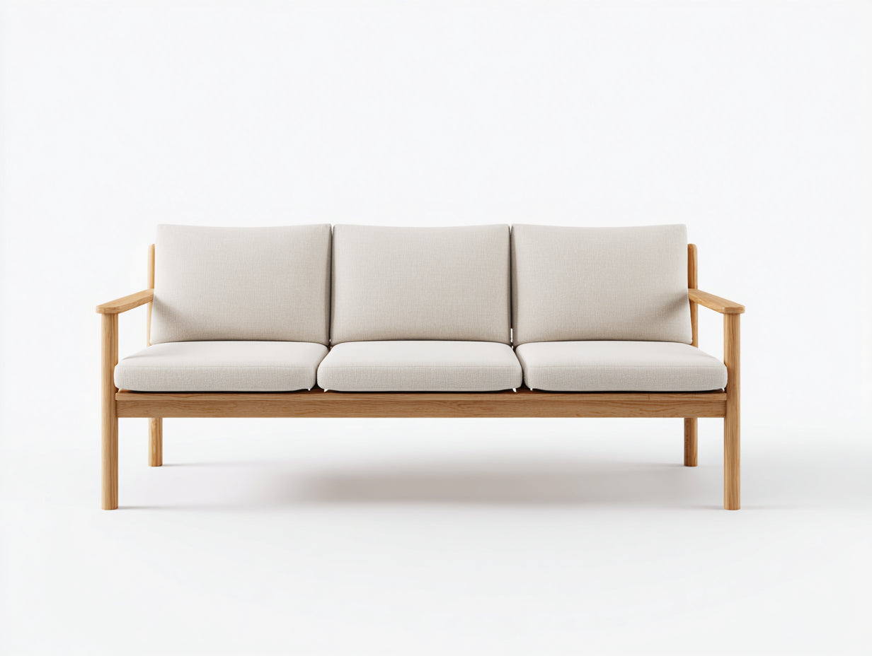 Sofás 3 plazas de madera y tela tapizada 194 x 76 x 82 cm - Beige y madera natural - Diseño nórdico con estructura abierta