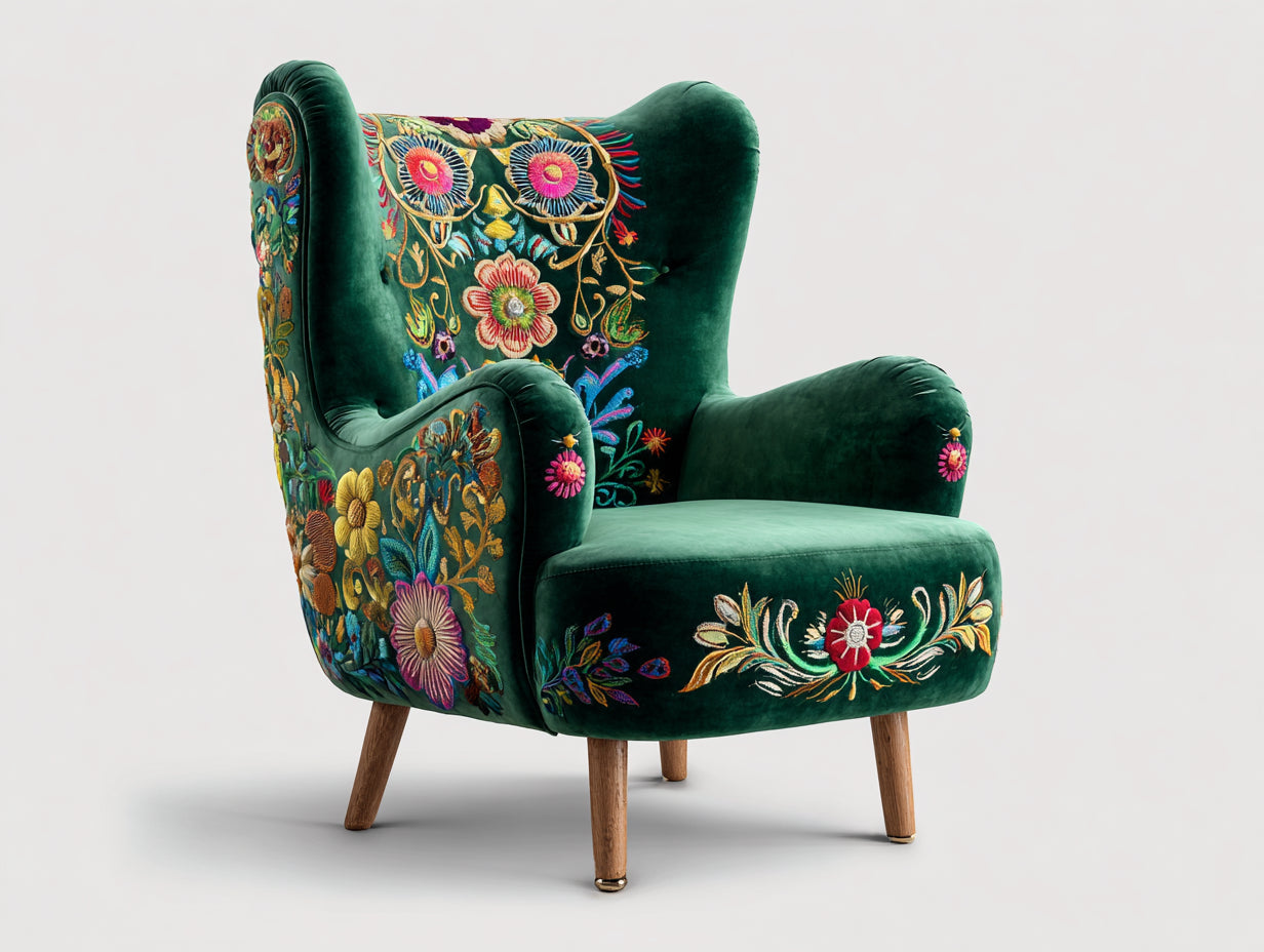 Sillones tapizados en terciopelo 82x86x112 cm - verde esmeralda y multicolor - respaldo alto con bordado floral