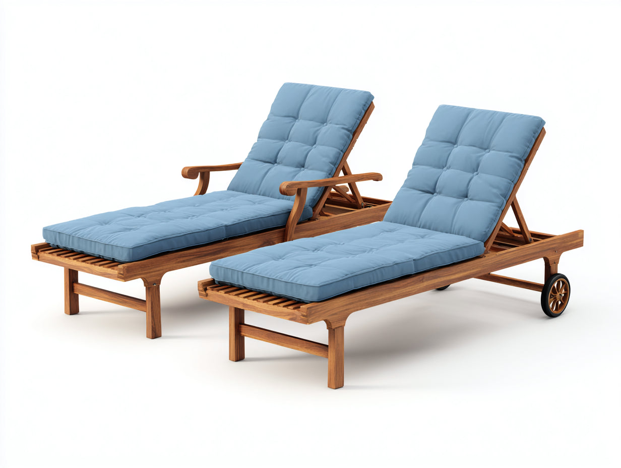 Juego de 2 Tumbonas de madera maciza 200x75x95 cm - azul claro y natural - respaldo reclinable con ruedas