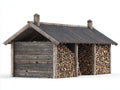 Leñero de jardín de madera y metal 400 x 180 x 240 cm - madera envejecida y gris oscuro - 3 compartimentos con tejado a dos aguas - estilo rústico