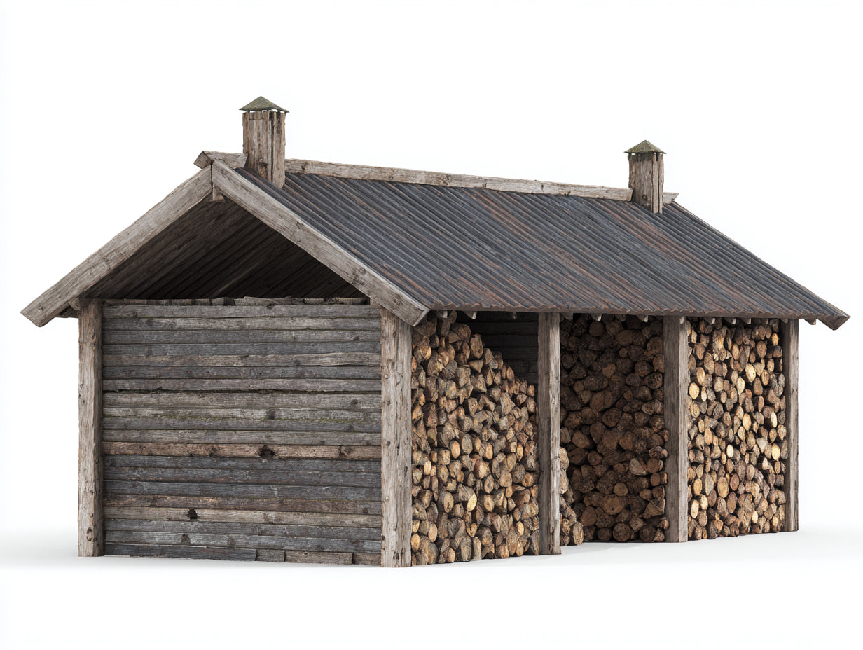 Leñero de jardín de madera y metal 400 x 180 x 240 cm - madera envejecida y gris oscuro - 3 compartimentos con tejado a dos aguas - estilo rústico