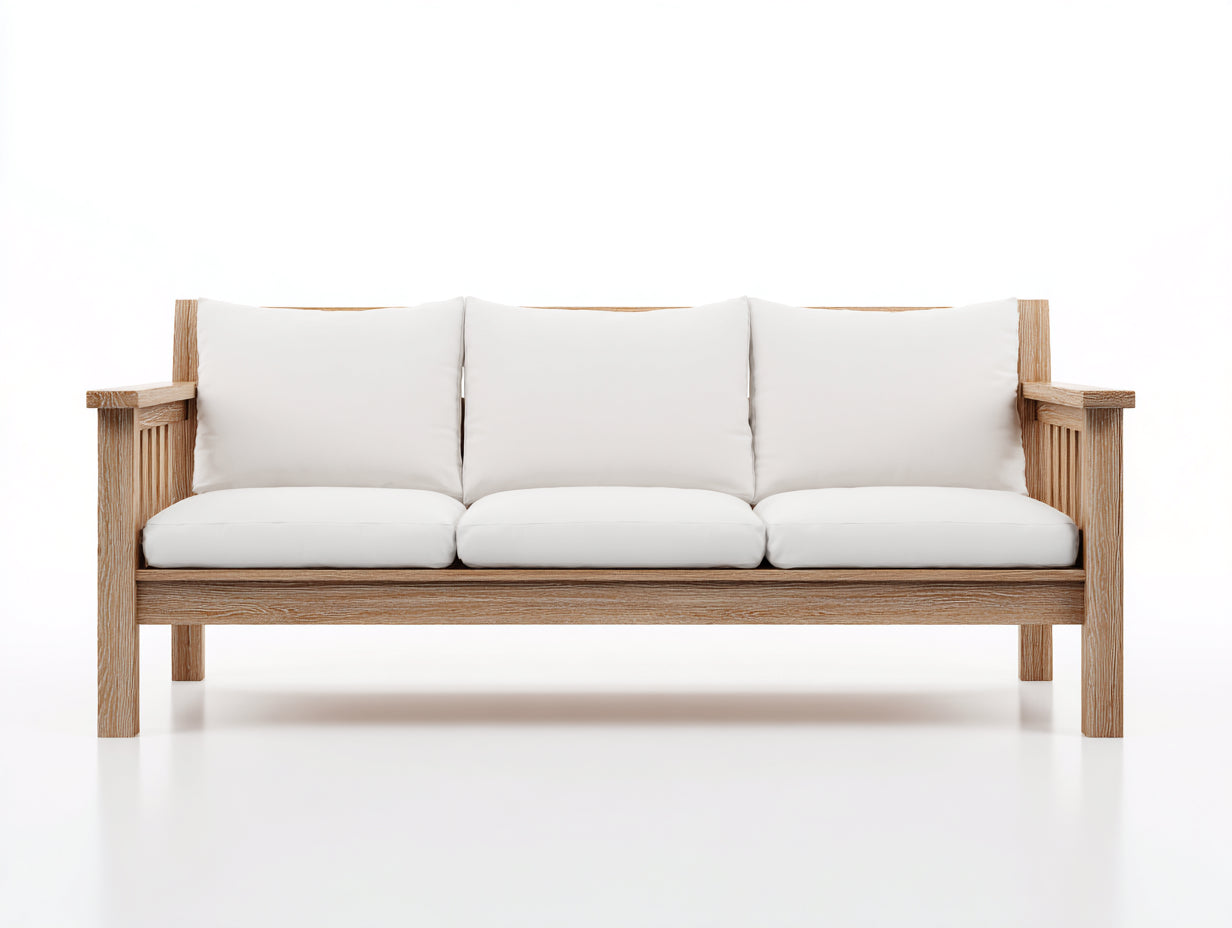 Sofás 3 plazas de salón en tela y madera 210x85x80 cm - blanco roto y madera natural - diseño nórdico