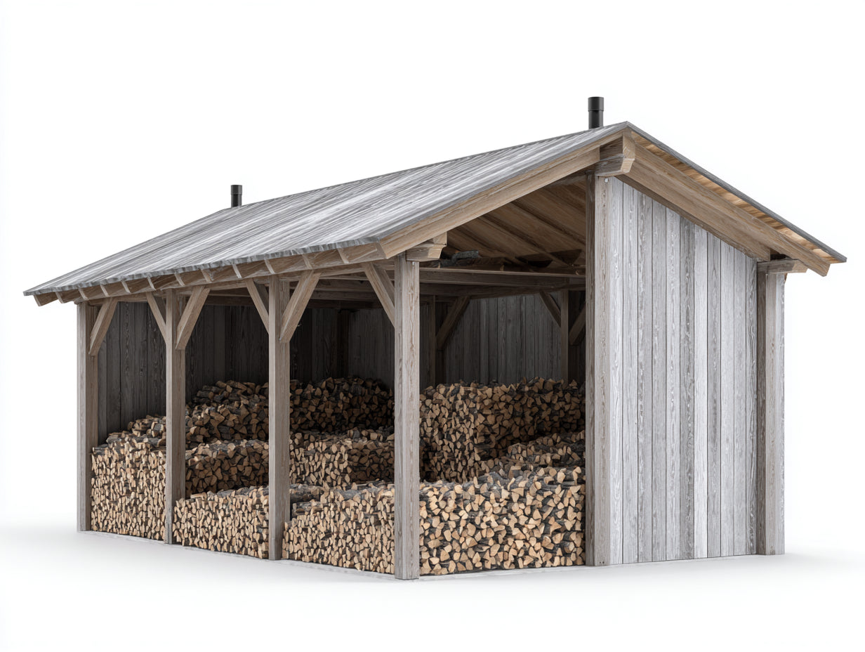 Leñero de jardín de madera 450x220x250 cm - gris envejecido y madera natural - techo a dos aguas con 4 zonas de almacenamiento