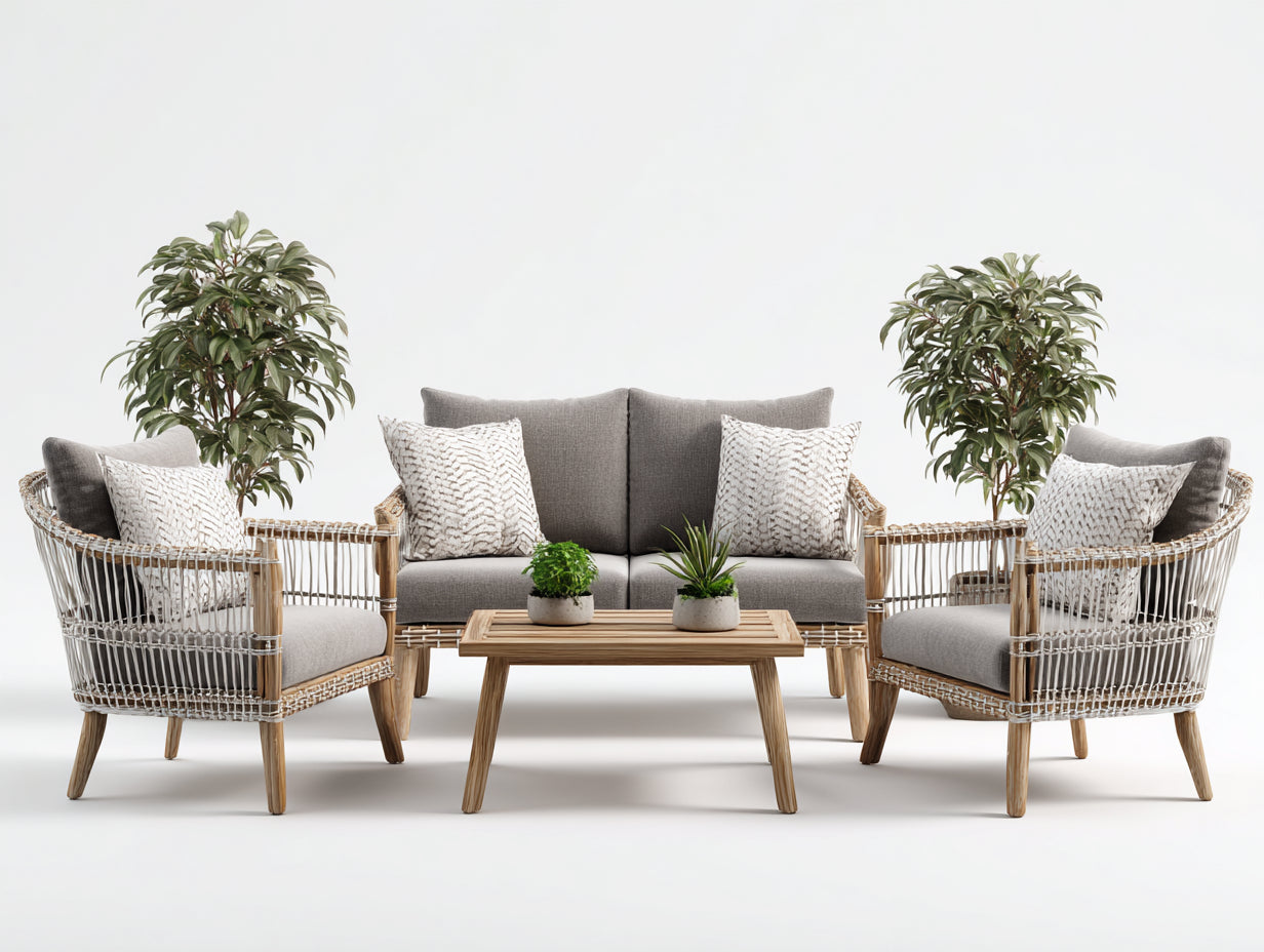 Sofás de exterior - conjunto de madera y cuerda sintética 150 x 78 x 82 cm - beige natural y gris topo - para jardín y terraza - diseño moderno de 4 piezas