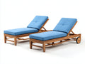 Tumbonas de madera con colchonetas 202 x 72 x 35 cm - Marrón natural y azul claro - Respaldo reclinable con ruedas