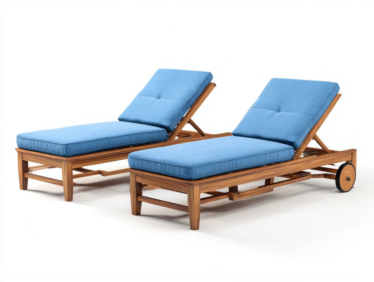 Tumbonas de madera con colchonetas 202 x 72 x 35 cm - Marrón natural y azul claro - Respaldo reclinable con ruedas