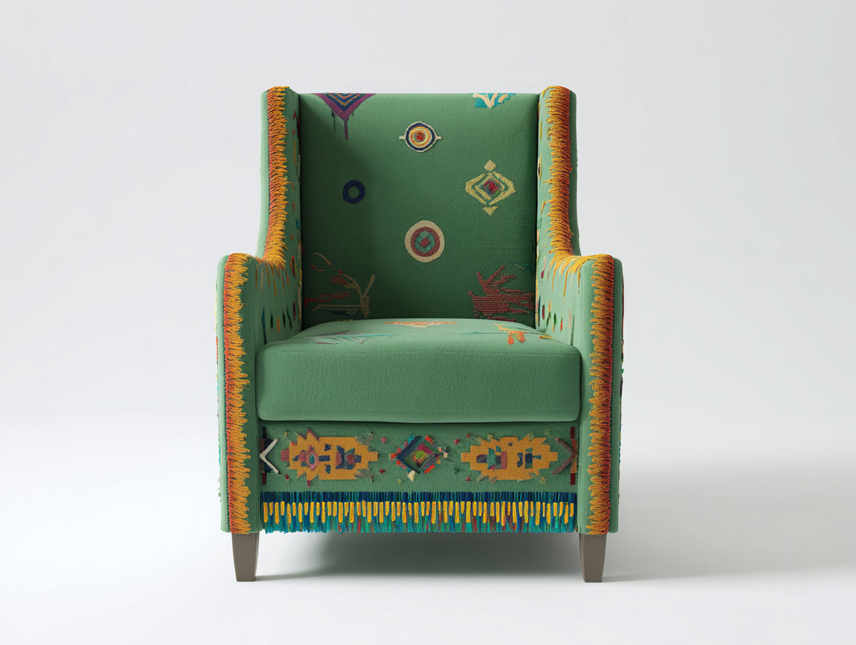 Sillones de tela tapizada y patas de madera 78 x 82 x 104 cm - Verde y multicolor - Diseño bohemio con respaldo alto