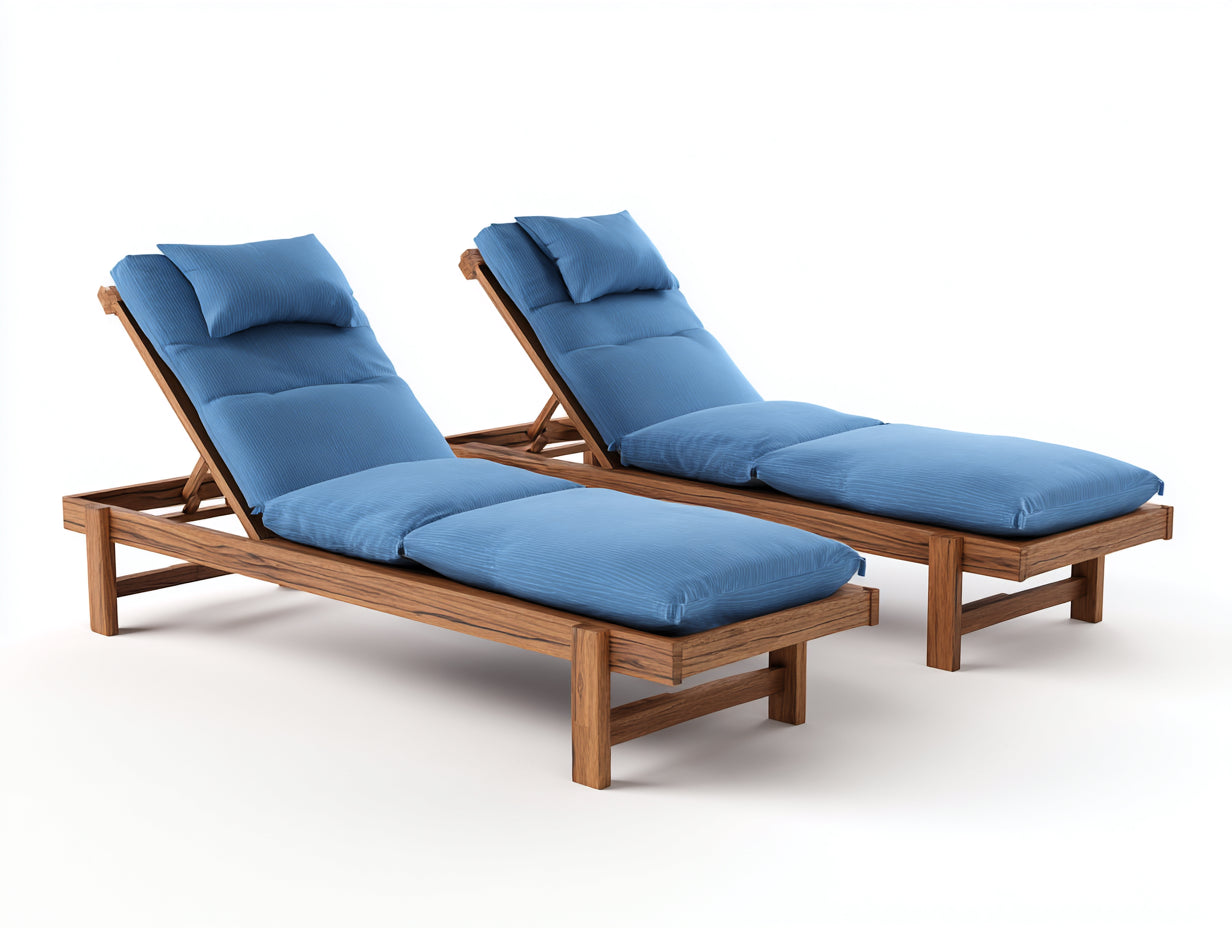 Juego de 2 Tumbonas de madera maciza 200x70x90 cm - azul y natural - respaldo reclinable
