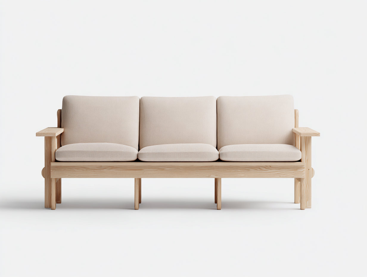 Sofás 3 plazas - estructura de madera y tapizado en tela 210 x 82 x 87 cm - beige claro y madera natural - para salón - diseño nórdico con apoyabrazos