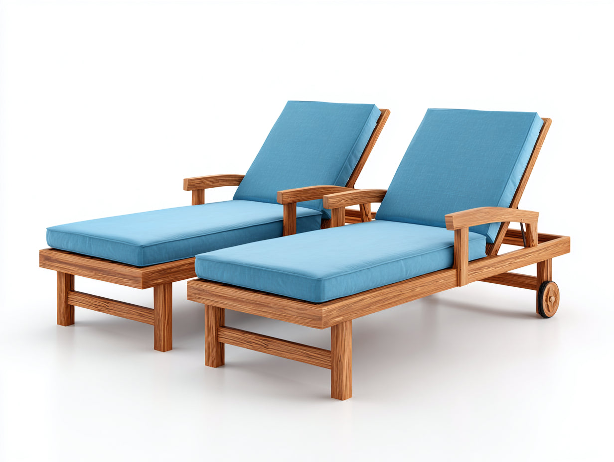 Tumbonas de jardín de madera 200x70x85 cm - azul y madera natural - conjunto de 2 con ruedas