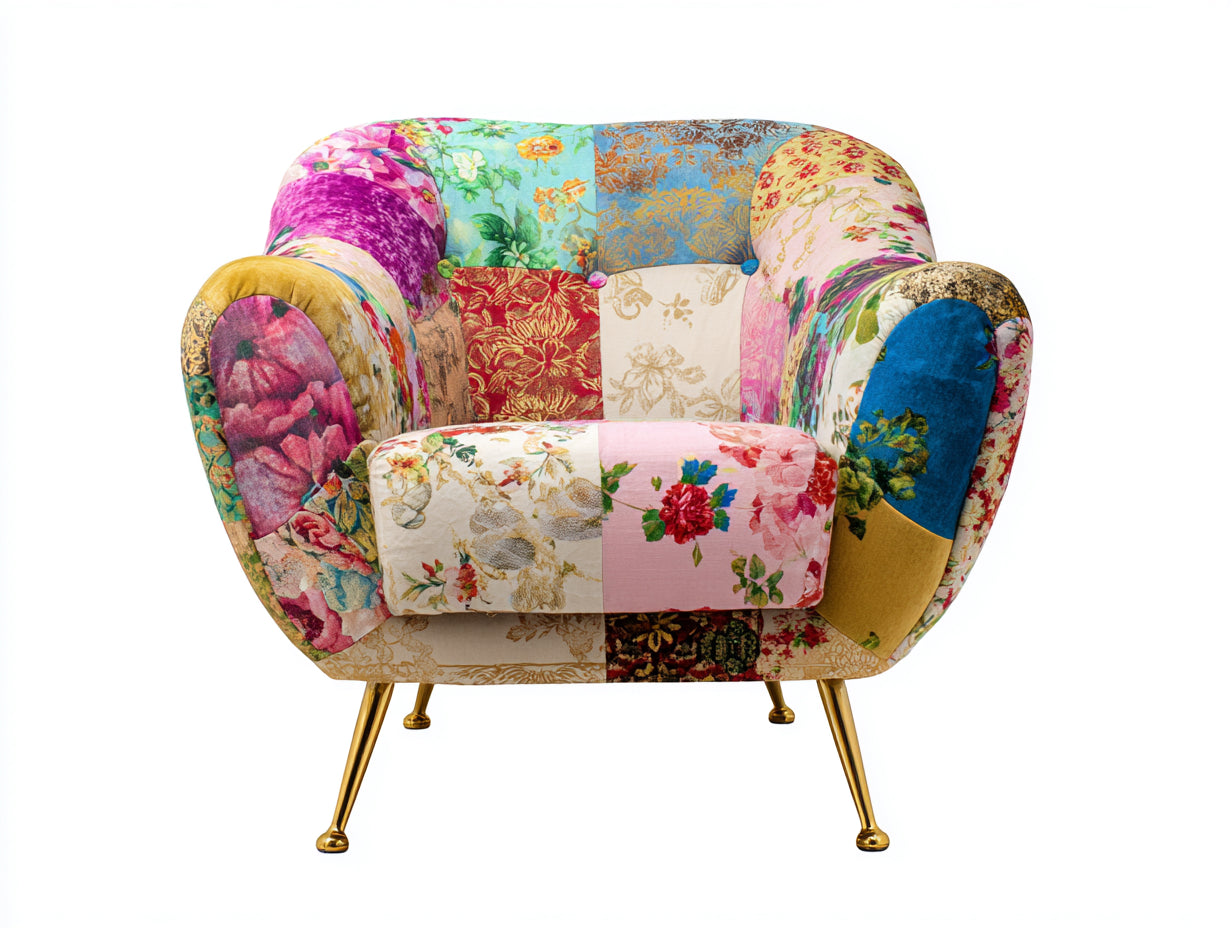 Sillones tapizados en tejido estampado patchwork 86x88x92 cm - multicolor y dorado - diseño floral contemporáneo