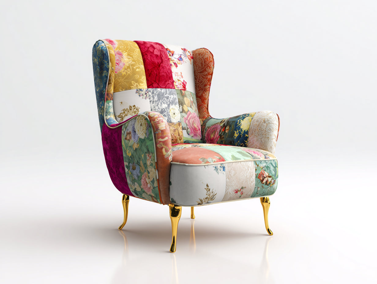 Sillones - tapizado patchwork de tela 85 x 80 x 110 cm - multicolor y dorado - para salón y dormitorio - diseño clásico con respaldo de orejas y patas metálicas