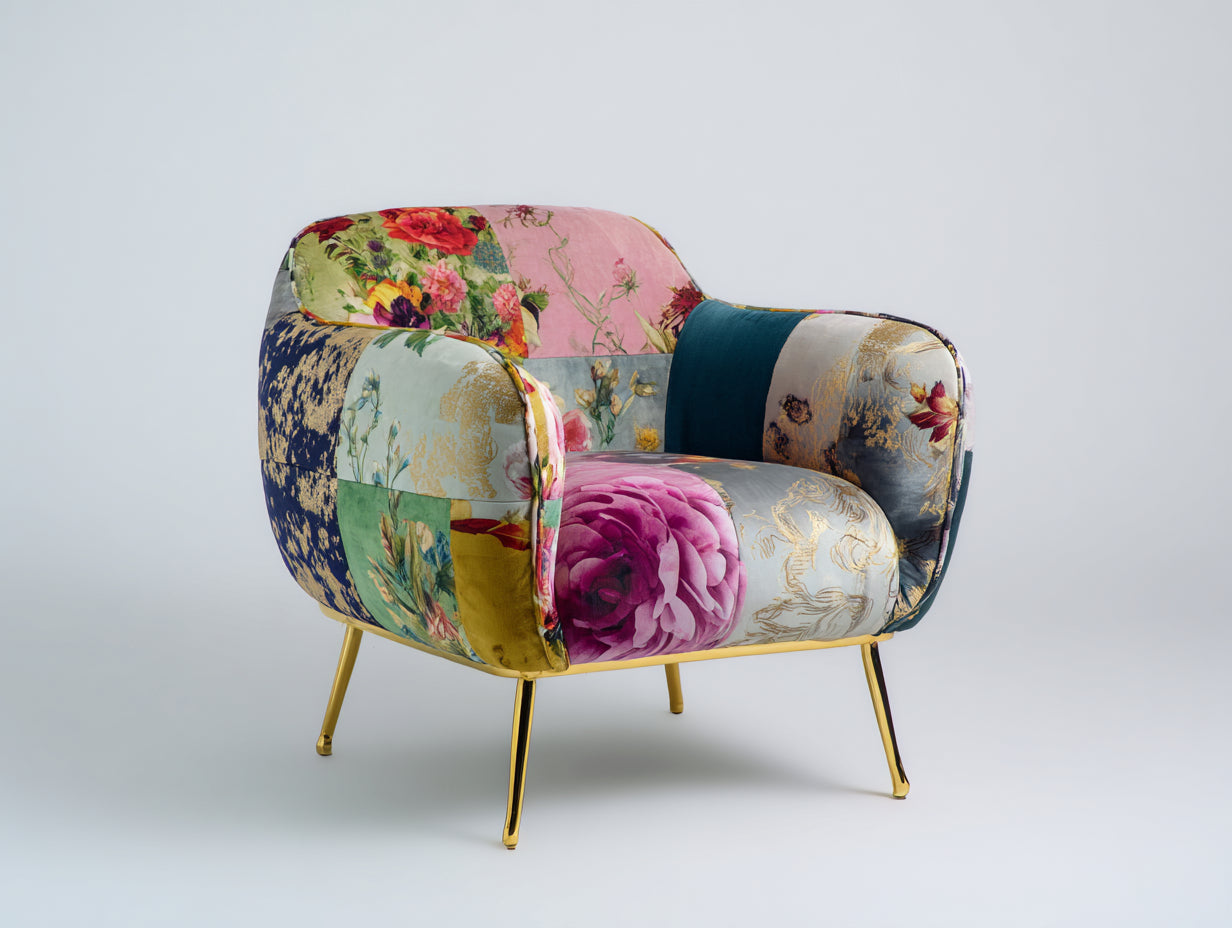 Sillones de salón tapizados en tela 78x76x78 cm - multicolor y dorado - diseño floral con brazos redondeados
