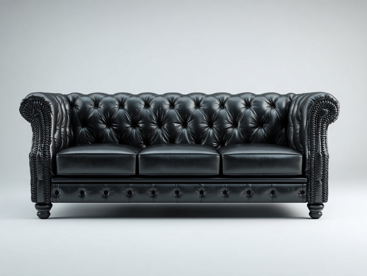 Sofás 3 plazas - tapizado en piel sintética 225 x 92 x 80 cm - negro - para salón - diseño Chesterfield clásico con capitoné y brazos enrollados